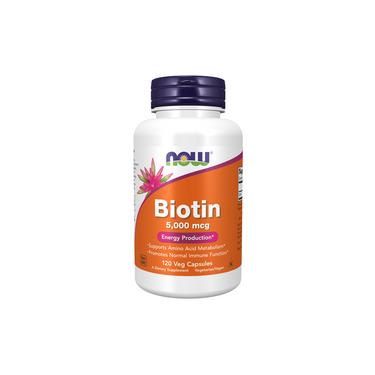A white bottle of Now Foods Biotin 5000 mcg, containing 120 veg capsules with an orange and purple label—supports healthy hair and skin.